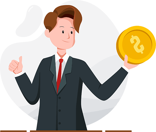 Business man holding a large coin dollar with a thumbs up.